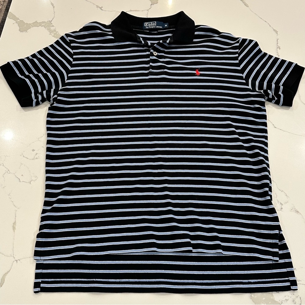 Vintage Ralph Lauren Polo Shirt Black Blue Stripe Hi Lo Preppy 90’s Y2K Men’s M